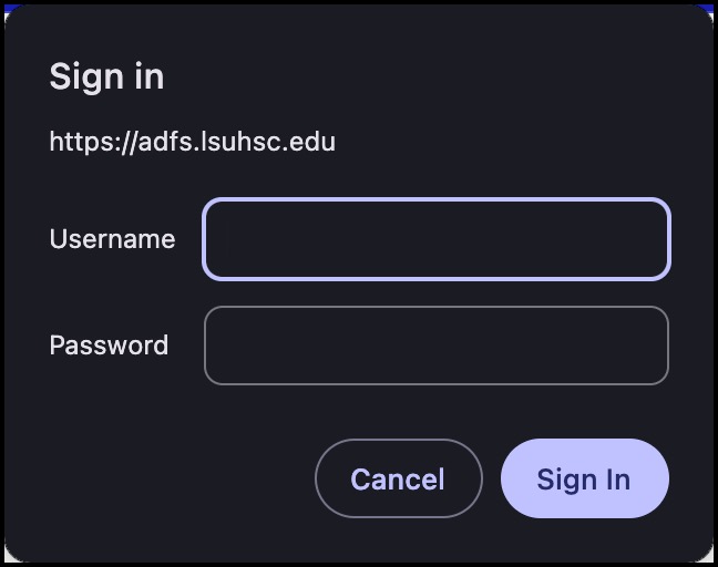 Screenshot of username and password login prompt