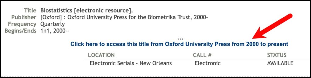 Screenshot of a link to a journal in a library catalog record