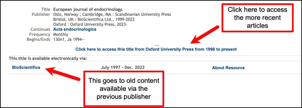 Screenshot of links to online versions of journals in a library record